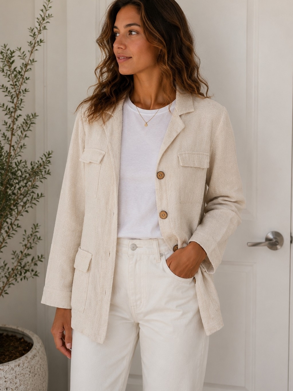 Cream Linen Blend Belted Utility Jacket – Size M